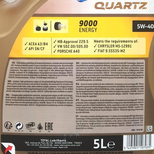 Aceite Para Motor Total Quartz Sintetico 9000 5w-40 X 1l